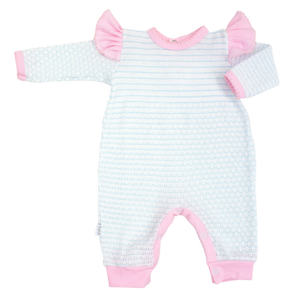 Paty Knit Long Sleeve Pinstripe Romper with Ruffle Shoulder Trim