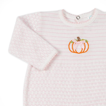 Paty Knit Long Sleeve Pinstripe Romper with Pumpkin Embroidery