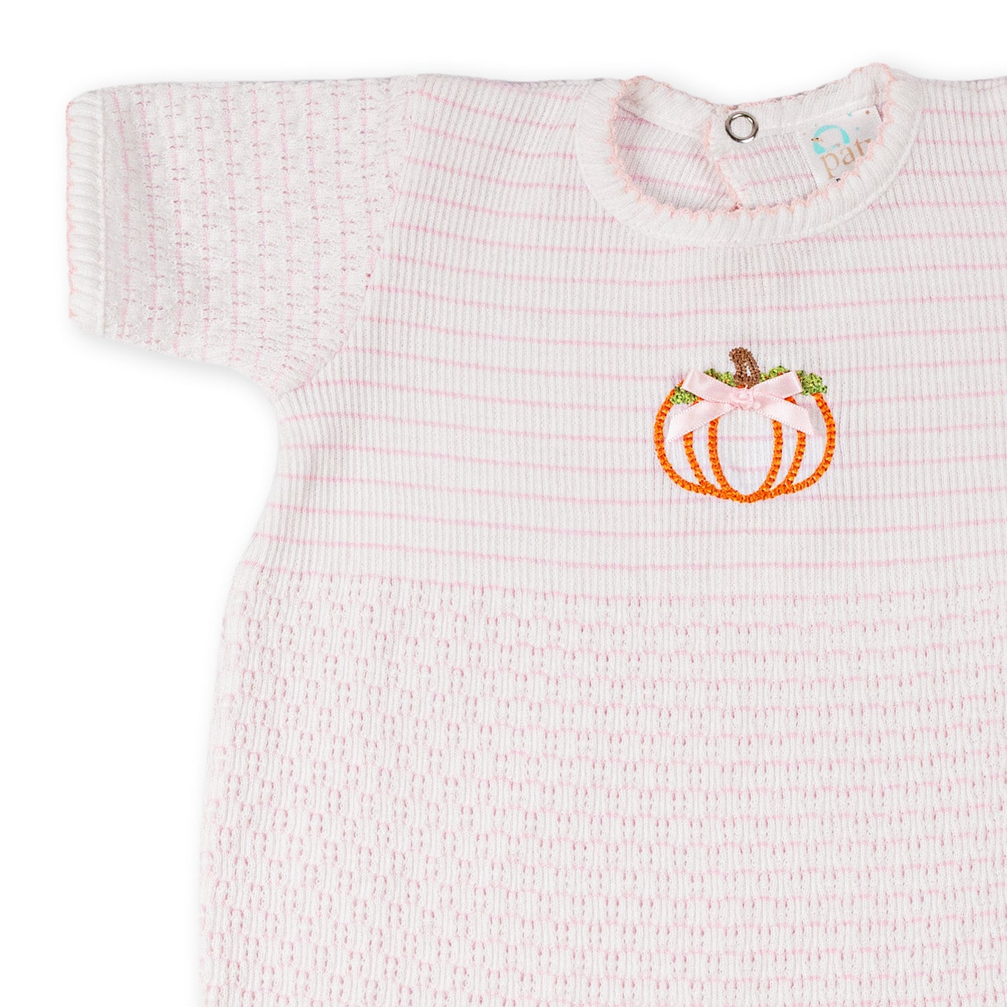 Paty Knit Short Sleeve Pinstripe Romper with Pumpkin Embroidery