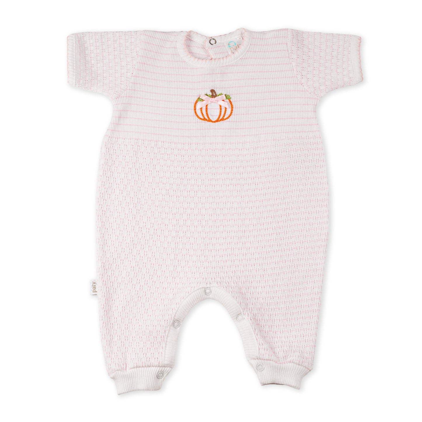 Paty Knit Short Sleeve Pinstripe Romper with Pumpkin Embroidery