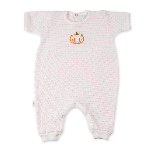 Paty Knit Short Sleeve Pinstripe Romper with Pumpkin Embroidery