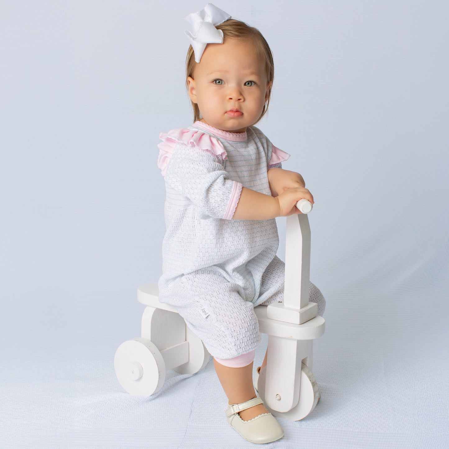 Paty Knit Long Sleeve Pinstripe Romper with Ruffle Shoulder Trim