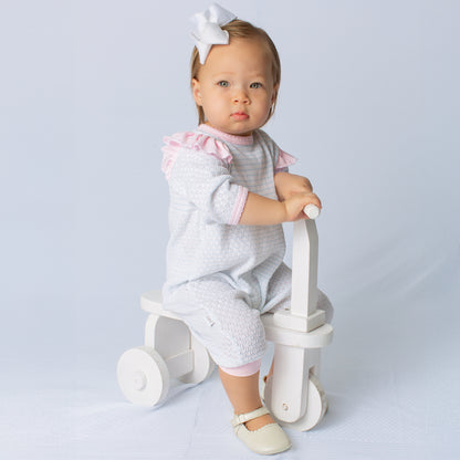 Paty Knit Long Sleeve Pinstripe Romper with Ruffle Shoulder Trim