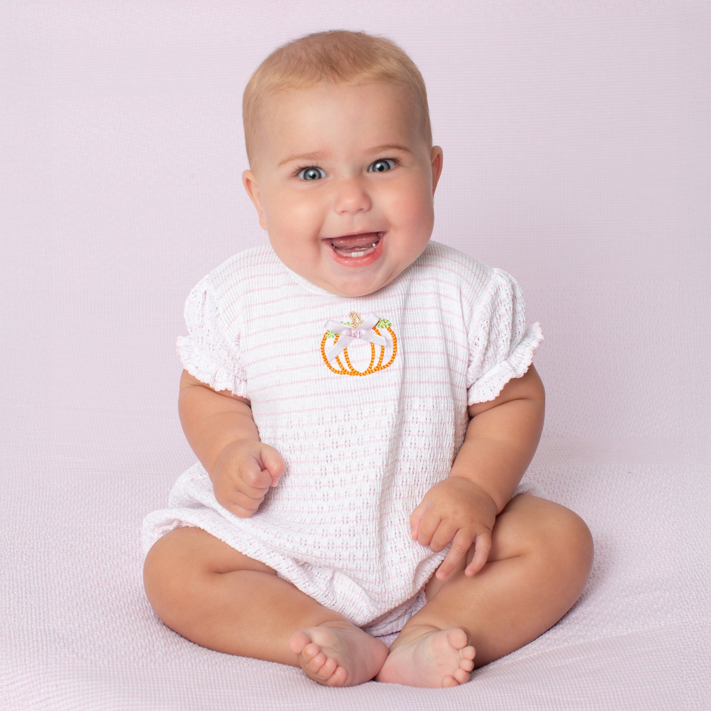 Paty Knit Pinstripe Ruffle Hem Bubble with Pumpkin Embroidery