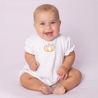 Paty Knit Pinstripe Ruffle Hem Bubble with Pumpkin Embroidery