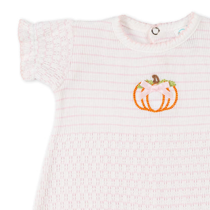 Paty Knit Pinstripe Ruffle Hem Bubble with Pumpkin Embroidery