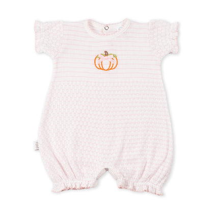 Paty Knit Pinstripe Ruffle Hem Bubble with Pumpkin Embroidery