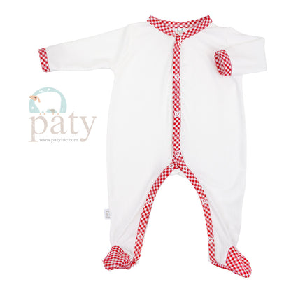 Ivory Bamboo Footie with Red Gingham Trim
