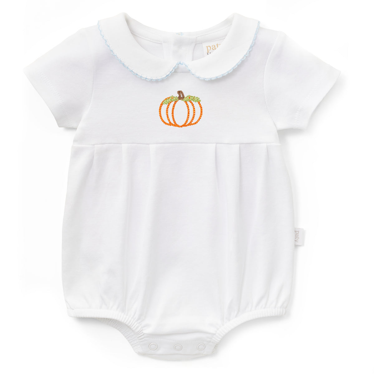 Paty Organic Cotton Onesie with Peter Pan Collar and Pleated Front with Pumkpin Embroidery