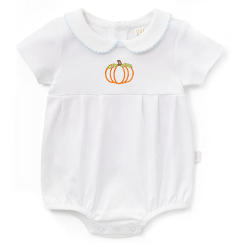 Paty Organic Cotton Onesie with Peter Pan Collar and Pleated Front with Pumkpin Embroidery