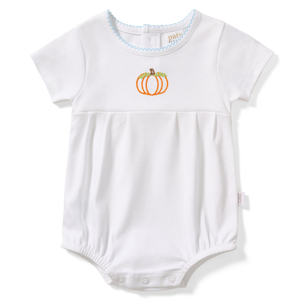 Paty Organic Cotton Pumpkin Embroidery Baby Bubble with Picot Trim and Pleated Front