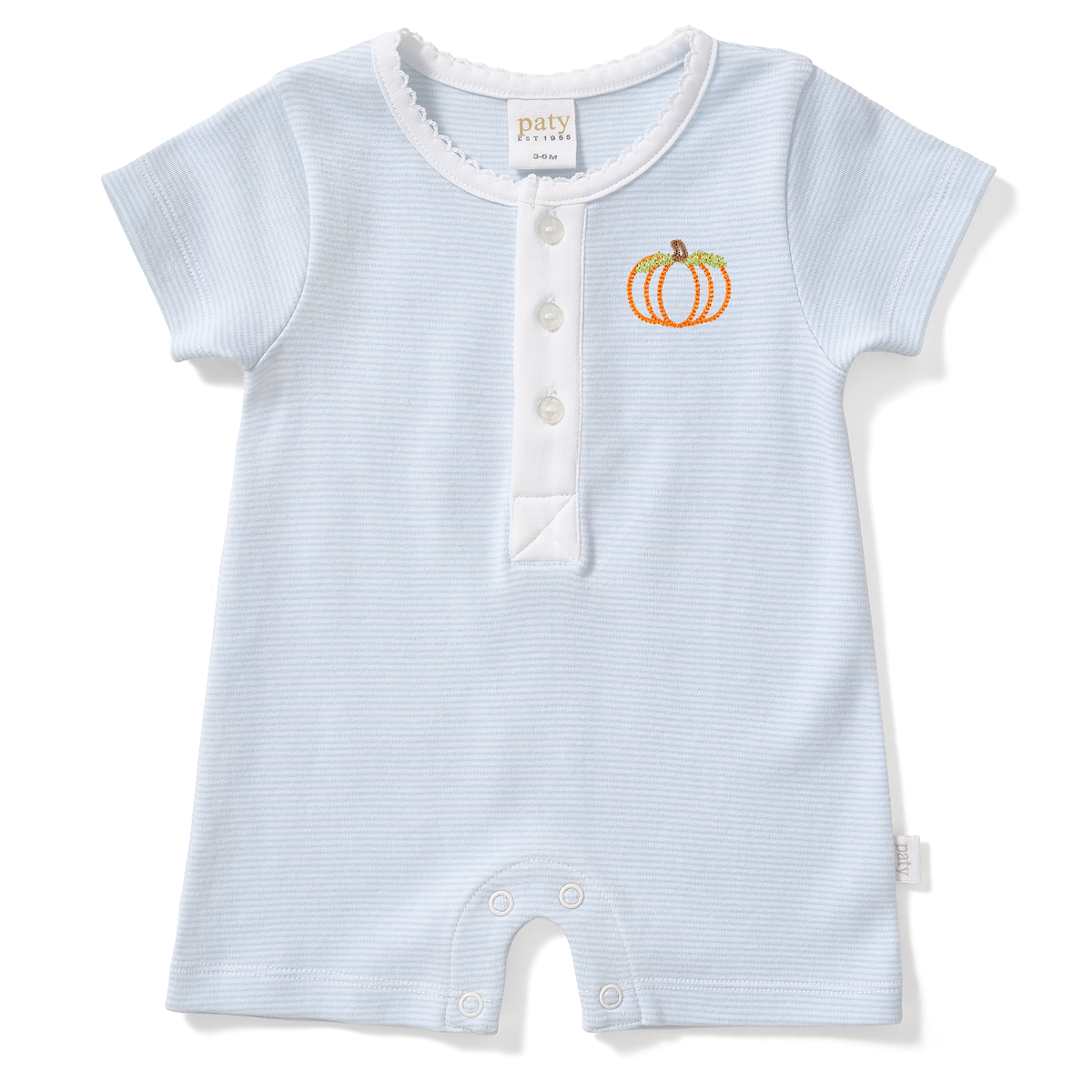 Paty Organic Cotton Baby Boy Pumpkin Embroidery Romper with Button Placket