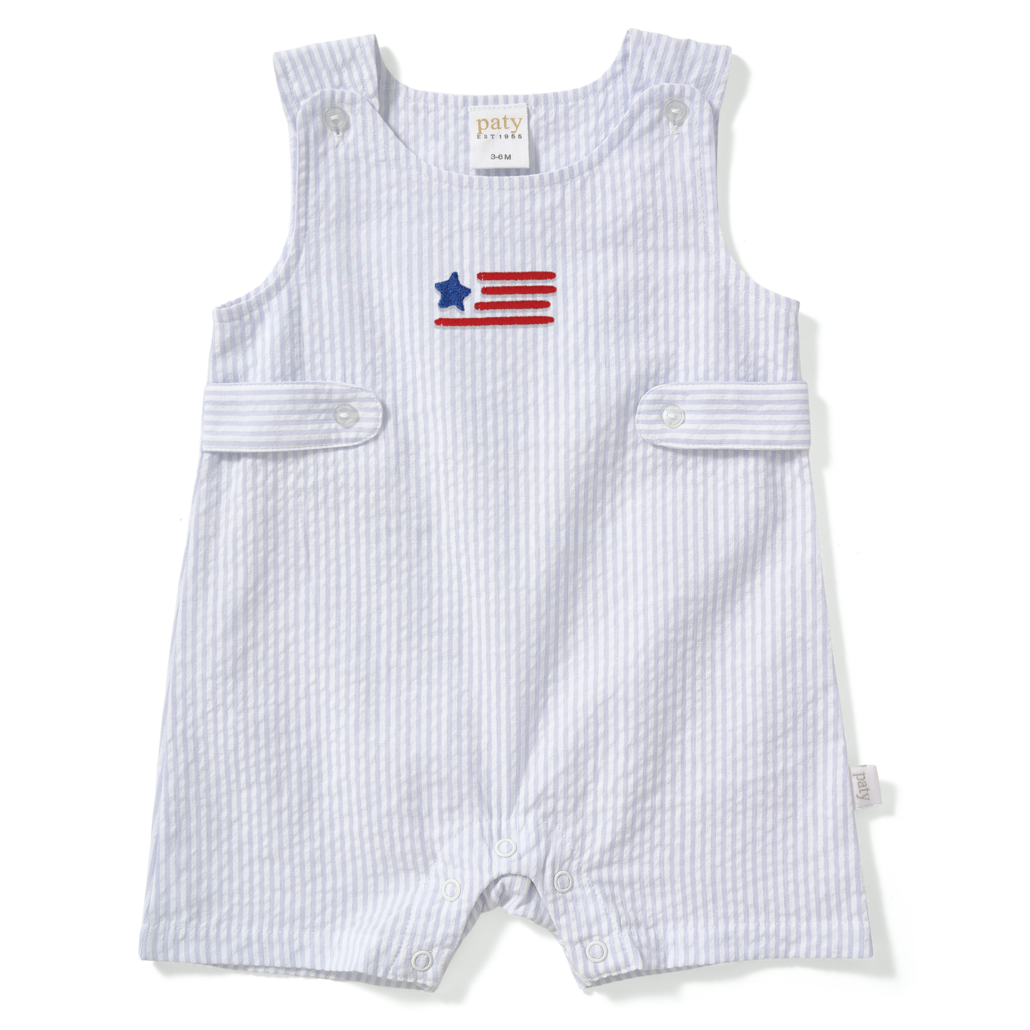 Limited Edition Americana Paty Organic Cotton Seersucker Jon Jon with Flag Embroidery