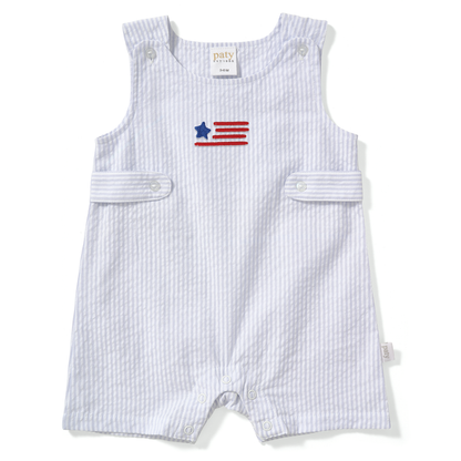 Limited Edition Americana Paty Organic Cotton Seersucker Jon Jon with Flag Embroidery