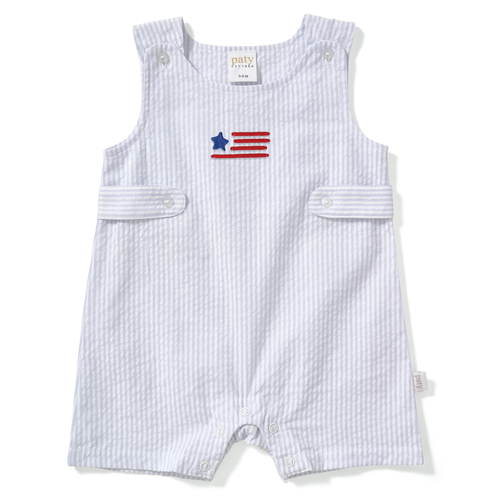 Limited Edition Americana Paty Organic Cotton Seersucker Jon Jon with Flag Embroidery