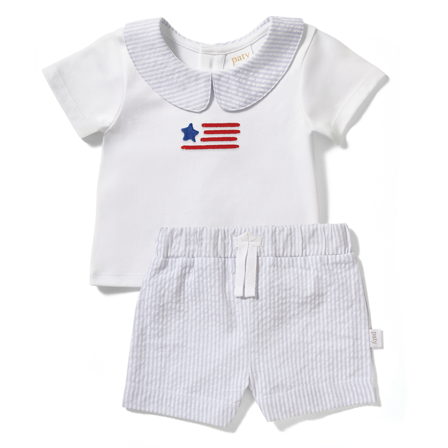 Limited Edition Americana Paty Organic Cotton Set with Peter Pan Collar Shirt with Flag Embroidery and Stripe Shorts