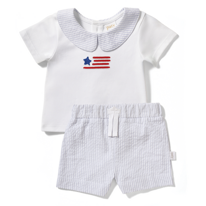 Limited Edition Americana Paty Organic Cotton Set with Peter Pan Collar Shirt with Flag Embroidery and Stripe Shorts