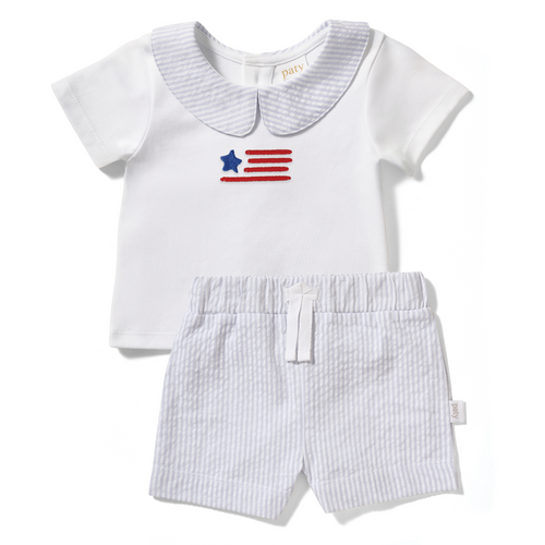Limited Edition Americana Paty Organic Cotton Set with Peter Pan Collar Shirt with Flag Embroidery and Stripe Shorts
