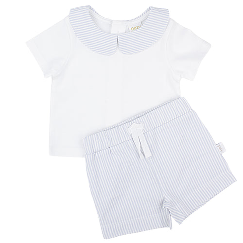 Paty Organic Cotton Baby Boy Set with Peter Pan Collar Shirt and Stripe Shorts
