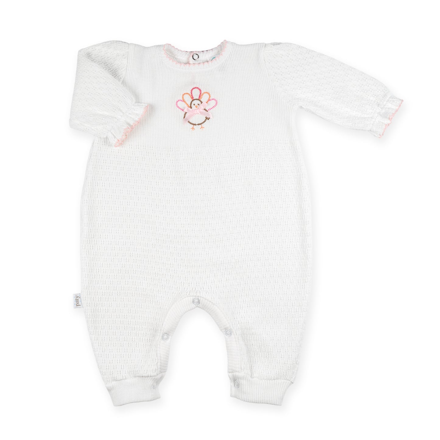 PatyKnit™ Long Sleeve Romper with Turkey Embroidery