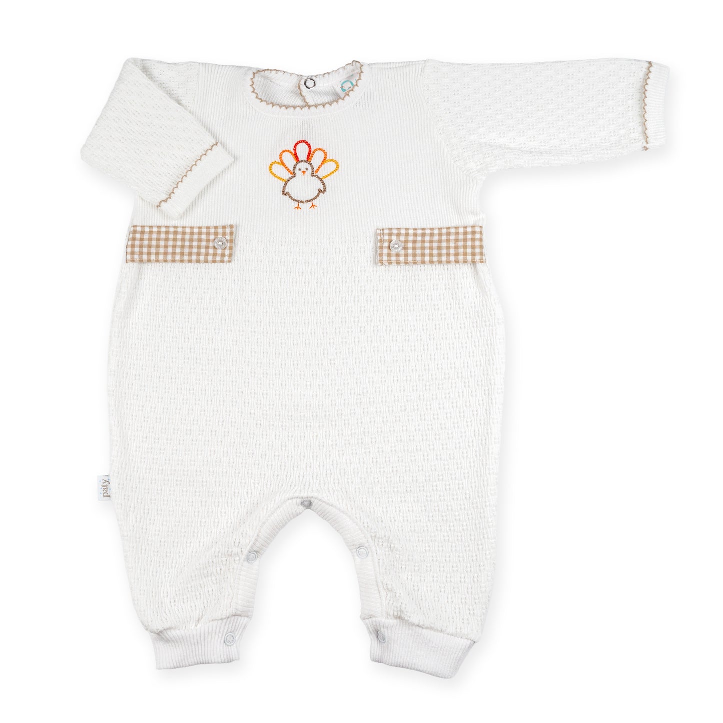 PatyKnit™ Long Sleeve Romper with Turkey Embroidery and Gingham Tabs