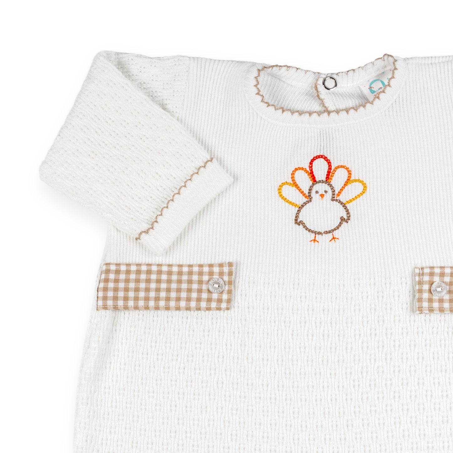 PatyKnit™ Long Sleeve Romper with Turkey Embroidery and Gingham Tabs