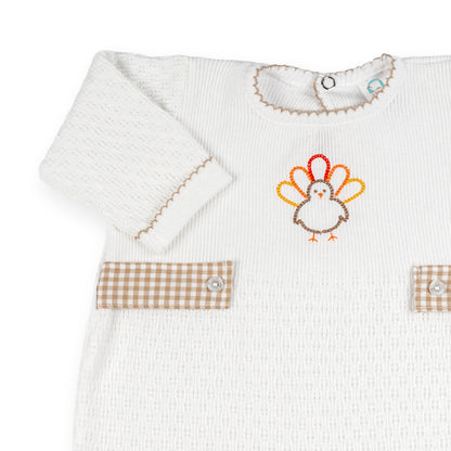 PatyKnit™ Long Sleeve Romper with Turkey Embroidery and Gingham Tabs