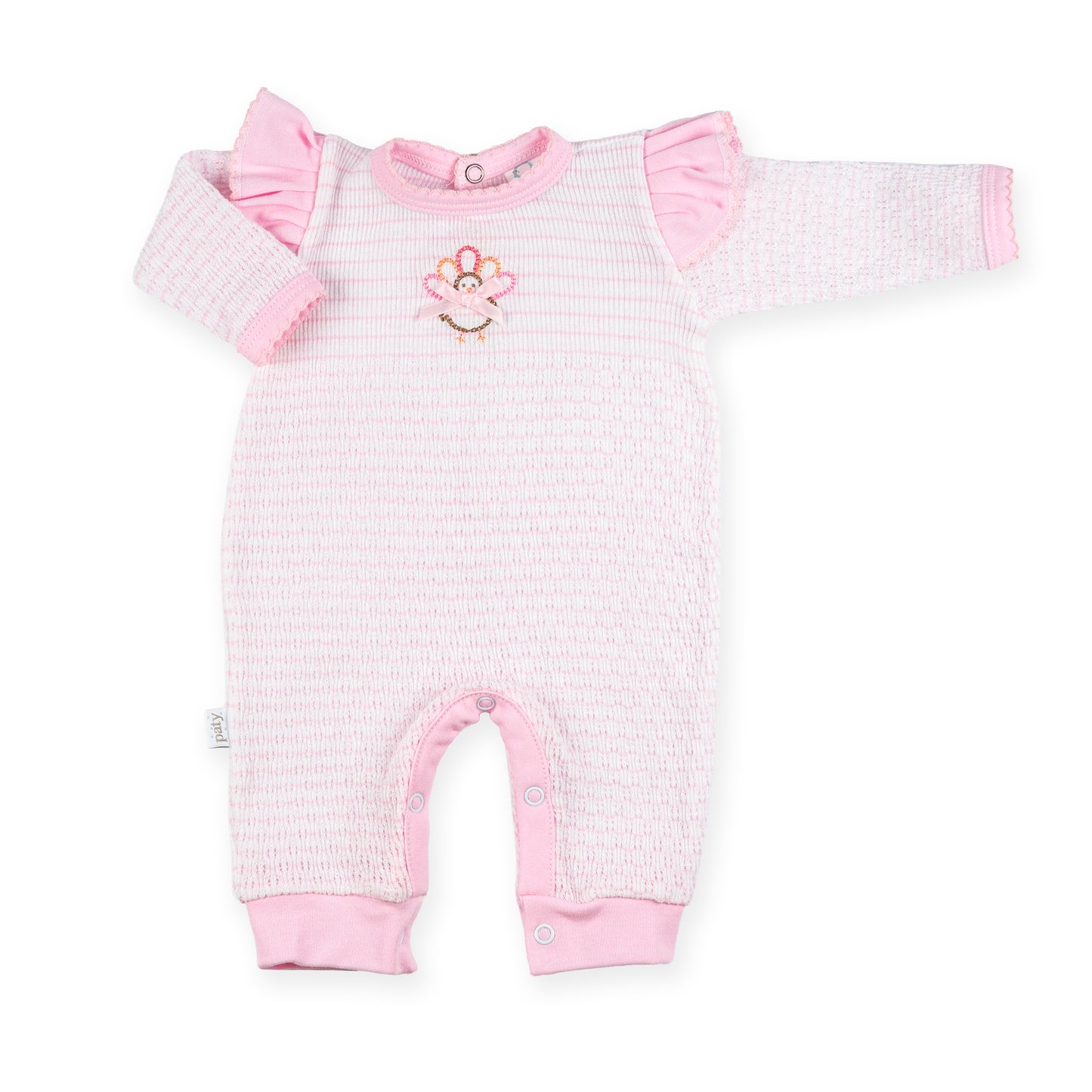 PatyKnit™ Long Sleeve Pinstripe Romper with Turkey Embroidery Ruffle Shoulder Trim