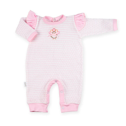 PatyKnit™ Long Sleeve Pinstripe Romper with Turkey Embroidery Ruffle Shoulder Trim