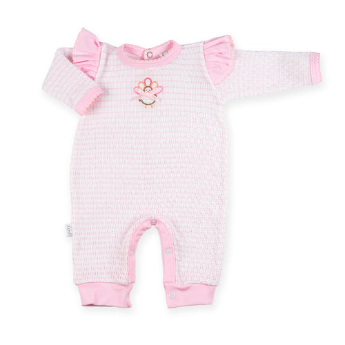 PatyKnit™ Long Sleeve Pinstripe Romper with Turkey Embroidery Ruffle Shoulder Trim