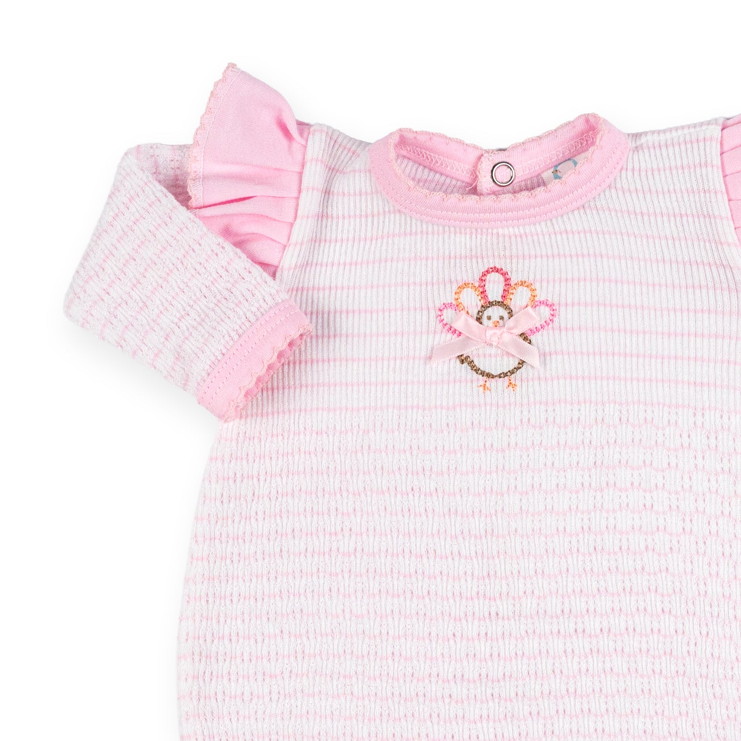 PatyKnit™ Long Sleeve Pinstripe Romper with Turkey Embroidery Ruffle Shoulder Trim