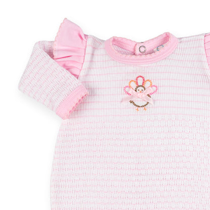 PatyKnit™ Long Sleeve Pinstripe Romper with Turkey Embroidery Ruffle Shoulder Trim