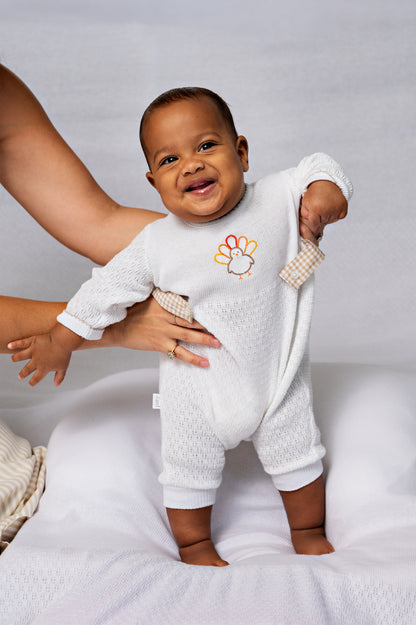 PatyKnit™ Long Sleeve Romper with Turkey Embroidery and Gingham Tabs