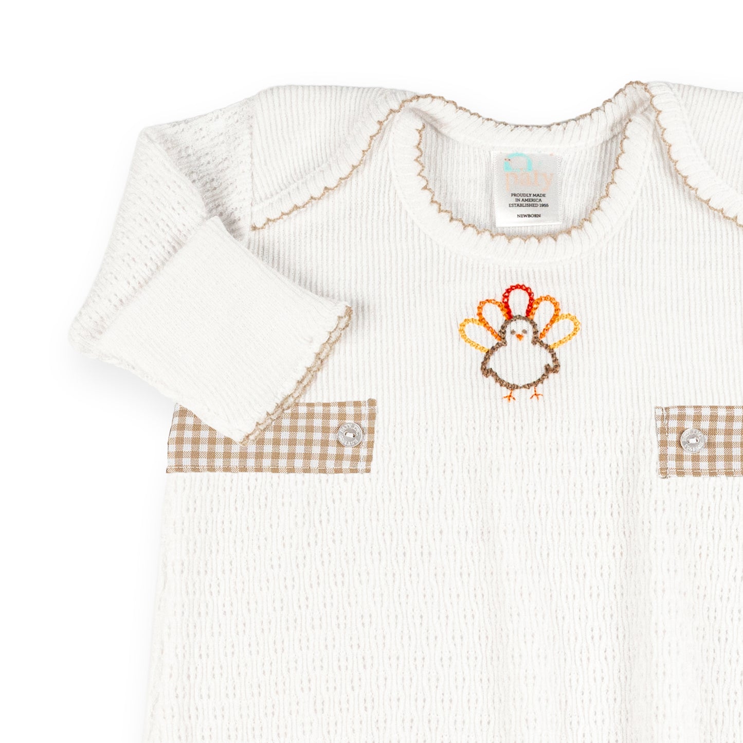PatyKnit™ Overlap Shoulder Gown with Turkey Embroidery and Gingham Tabs