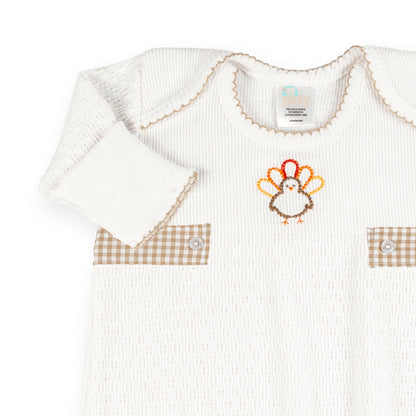 PatyKnit™ Overlap Shoulder Gown with Turkey Embroidery and Gingham Tabs