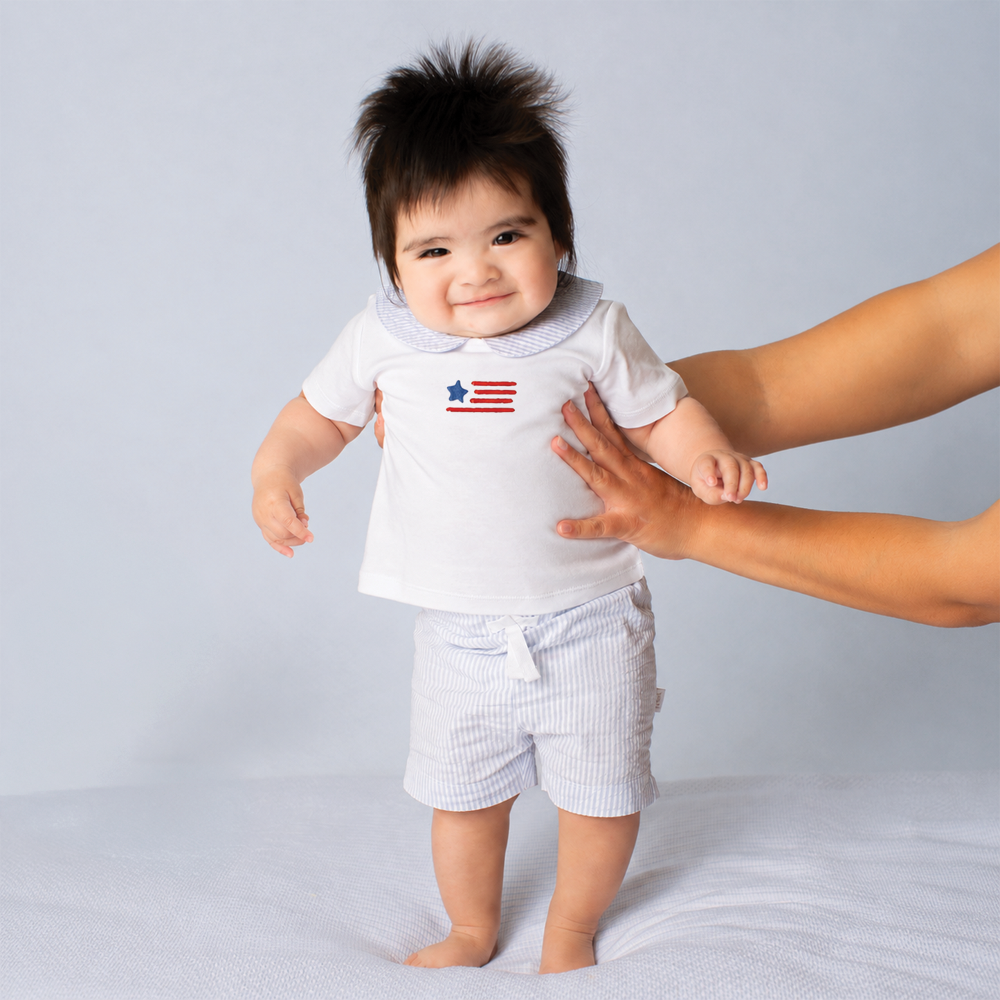 Limited Edition Americana Paty Organic Cotton Set with Peter Pan Collar Shirt with Flag Embroidery and Stripe Shorts