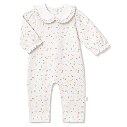 Paty Organic Cotton Pointelle Knit Romper with Ruffle Collar