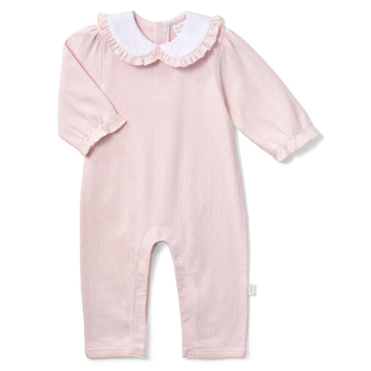 Paty Organic Cotton Pointelle Knit Romper with Ruffle Collar