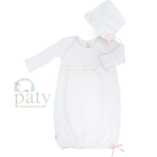 Paty Knit Overlap Shoulder Gown & Bonnet Gift Set, Swiss Floral #GS155SWF