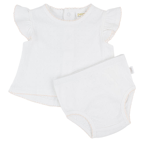 Paty Organic Cotton Pointelle Baby Girl Set with Flutter Sleeves & Bloomers