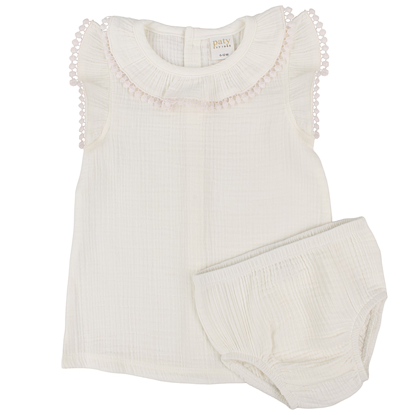 Paty Organic Cotton Muslin Baby Girl Dress & Bloomers Set with Pom Trim