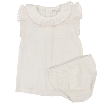Paty Organic Cotton Muslin Baby Girl Dress & Bloomers Set with Pom Trim