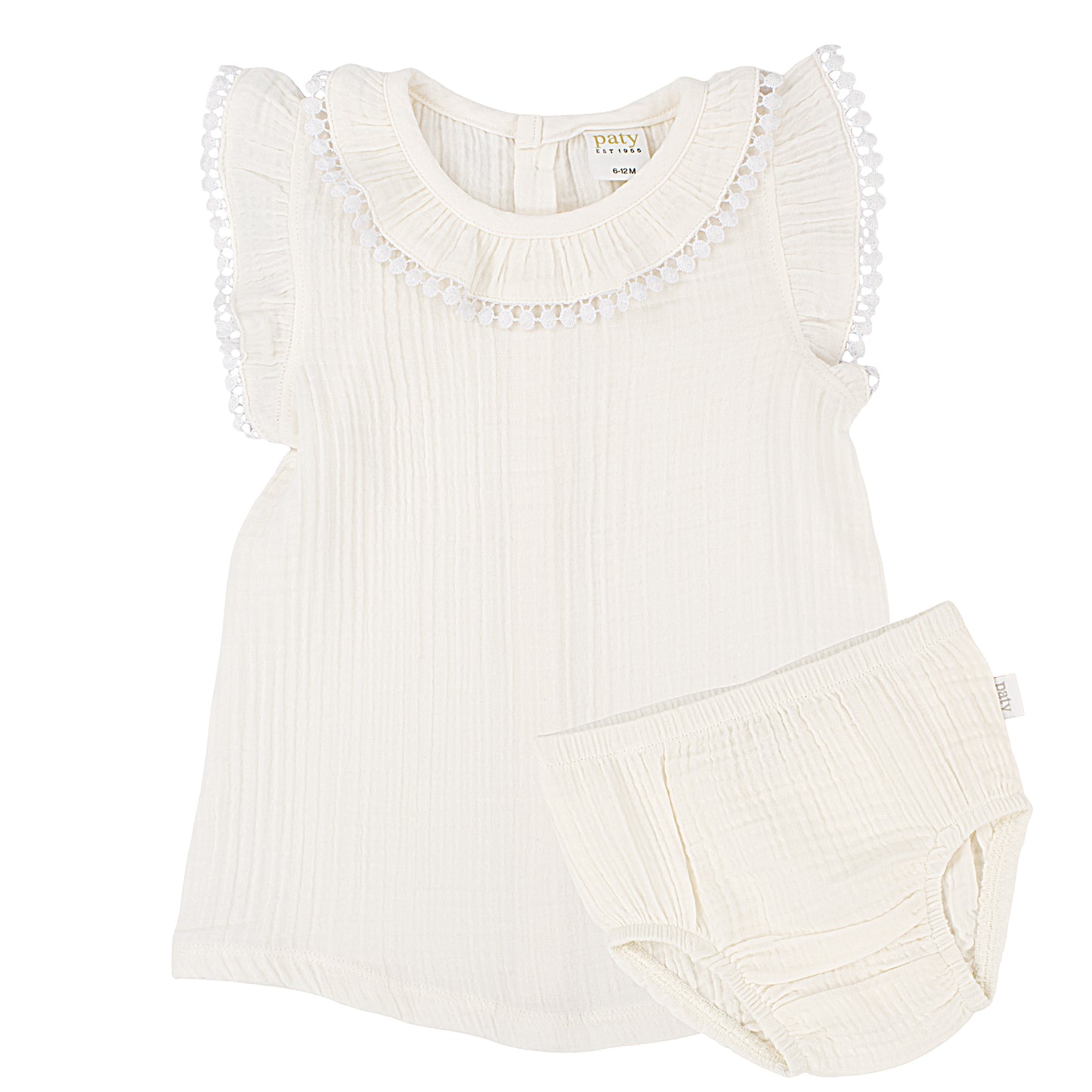 Paty Organic Cotton Muslin Baby Girl Dress & Bloomers Set with Pom Trim