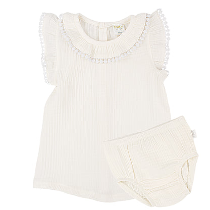 Paty Organic Cotton Muslin Baby Girl Dress & Bloomers Set with Pom Trim