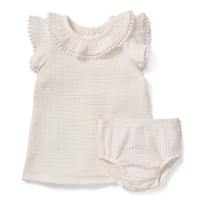 Paty Organic Cotton Muslin Dress & Bloomers Set with Pom Trim