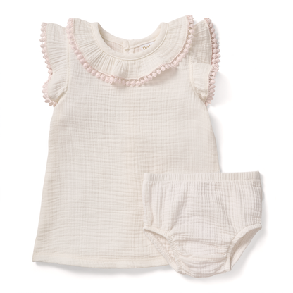 Paty Organic Cotton Muslin Dress & Bloomers Set with Pom Trim