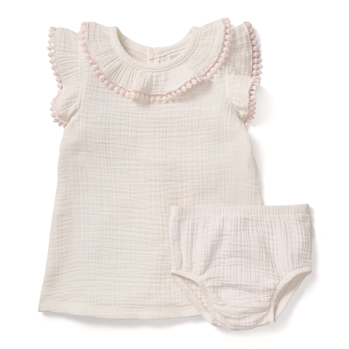 Paty Organic Cotton Muslin Dress & Bloomers Set with Pom Trim