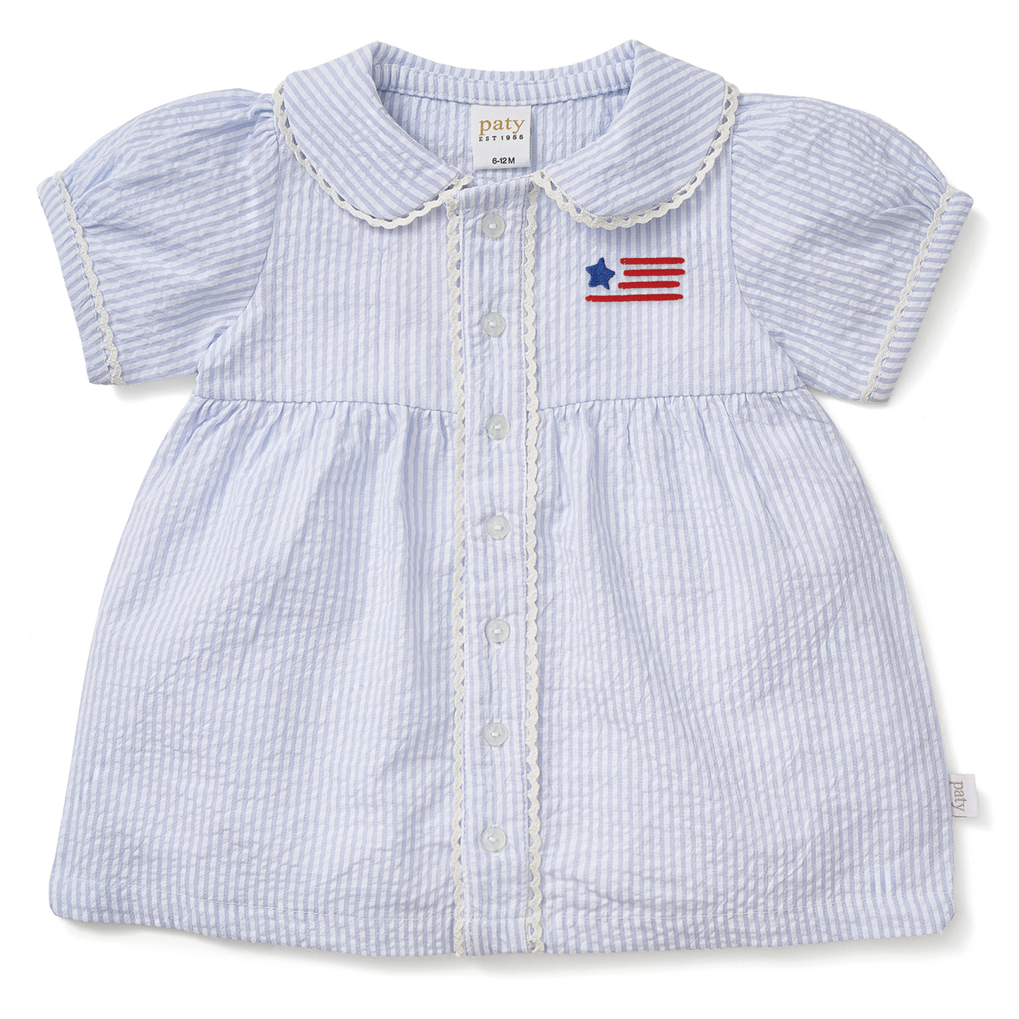 Limited Edition Americana Paty Organic Cotton Seersucker Dress with Ric Rac trim with Flag Embroidery