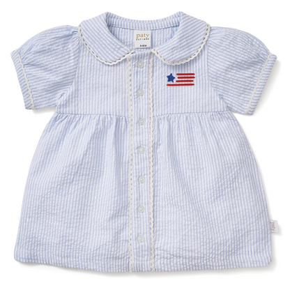 Limited Edition Americana Paty Organic Cotton Seersucker Dress with Ric Rac trim with Flag Embroidery