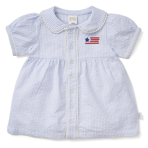 Limited Edition Americana Paty Organic Cotton Seersucker Dress with Ric Rac trim with Flag Embroidery